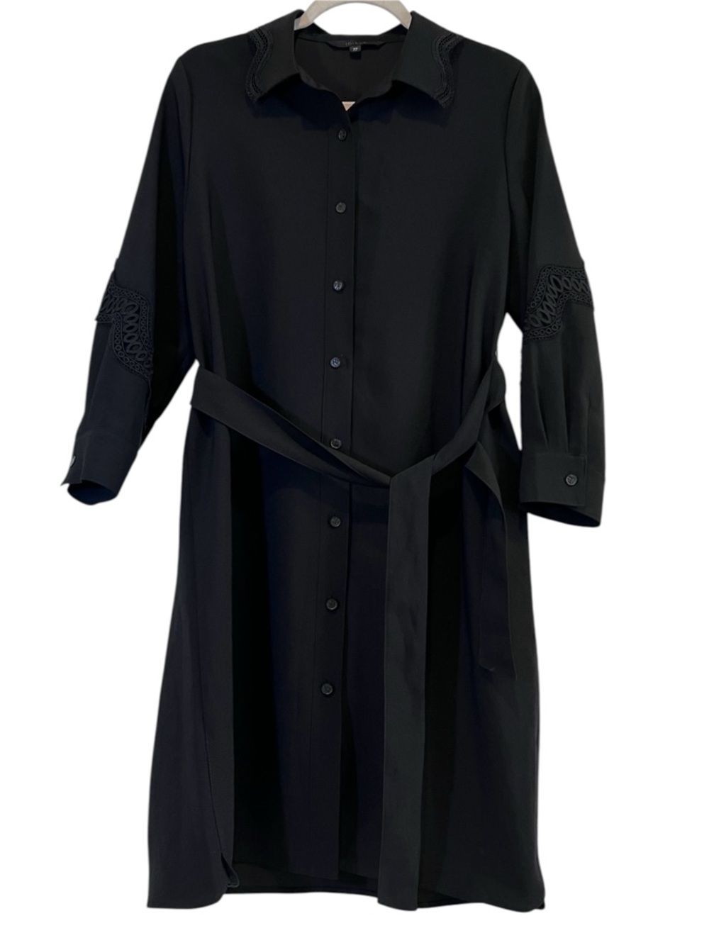 Joinus Black Button Front Shirt Dress Lace Scalloped Collar & Sleeve Size M LBD
